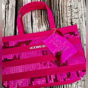 VICTORIA’S SECRET Extra Large Y2K Pink Sequined Tote Bag With Smaller Tote 2 Pc